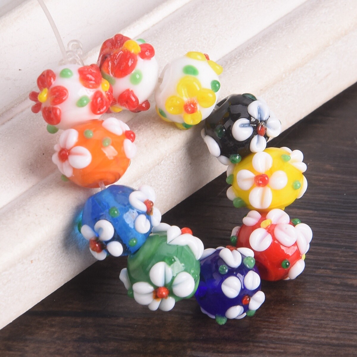 10pcs Handmade Lampwork Glass Flower Round 10mm Loose Beads DIY Jewelry Findings