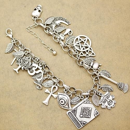Witch Charm Bracelet Antiqued Silver Halloween Jewelry Pagan 7″ New