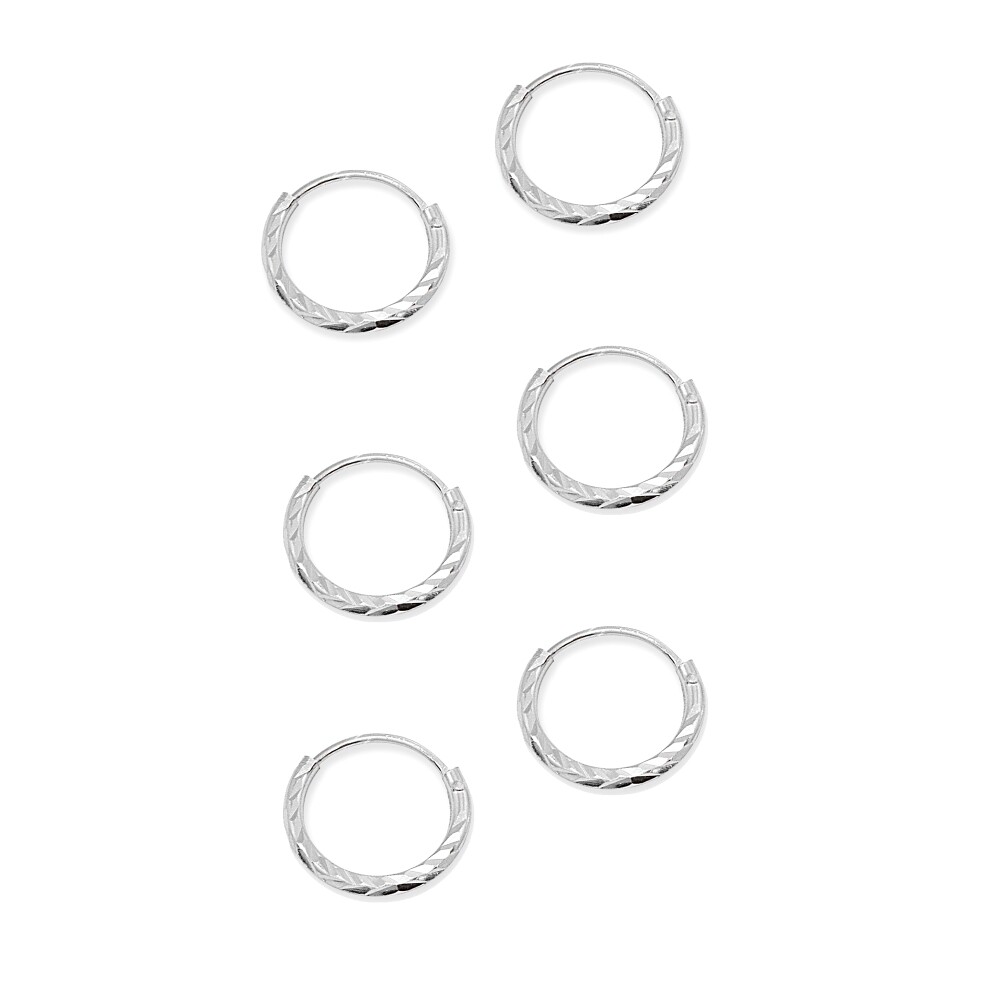 3 Pr Set 925 Silver Diamond-Cut Tiny Small Endless 10mm Thin Round Hoop Earrings