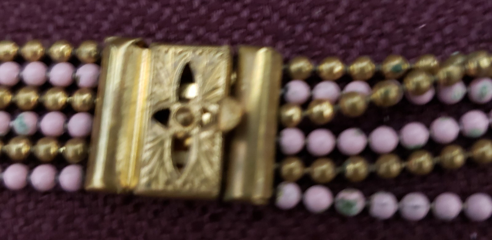 Art Deco Brass Ball Chain Pink Flower Multi Strand Draped Necklace 1930’s 1940s
