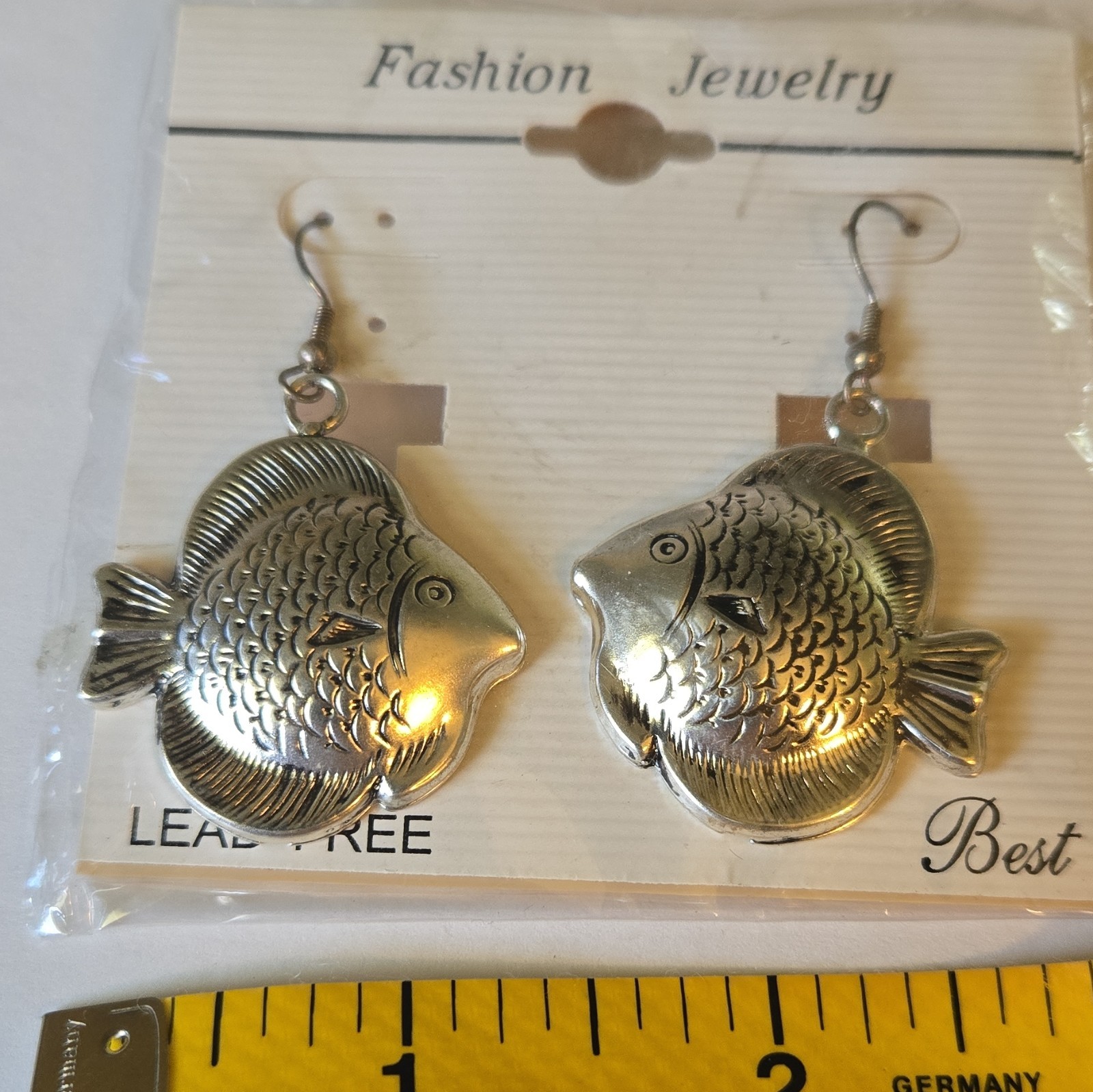 Earrings Fish Design Silver Tone Dangle Hook Lead-Free Metal No Stone