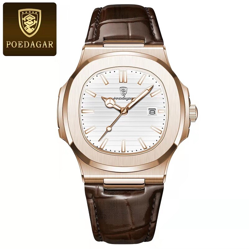 POEDAGAR Luxury Analog Men’s Watch Waterproof Luminous Leather Quartz Wristwatch