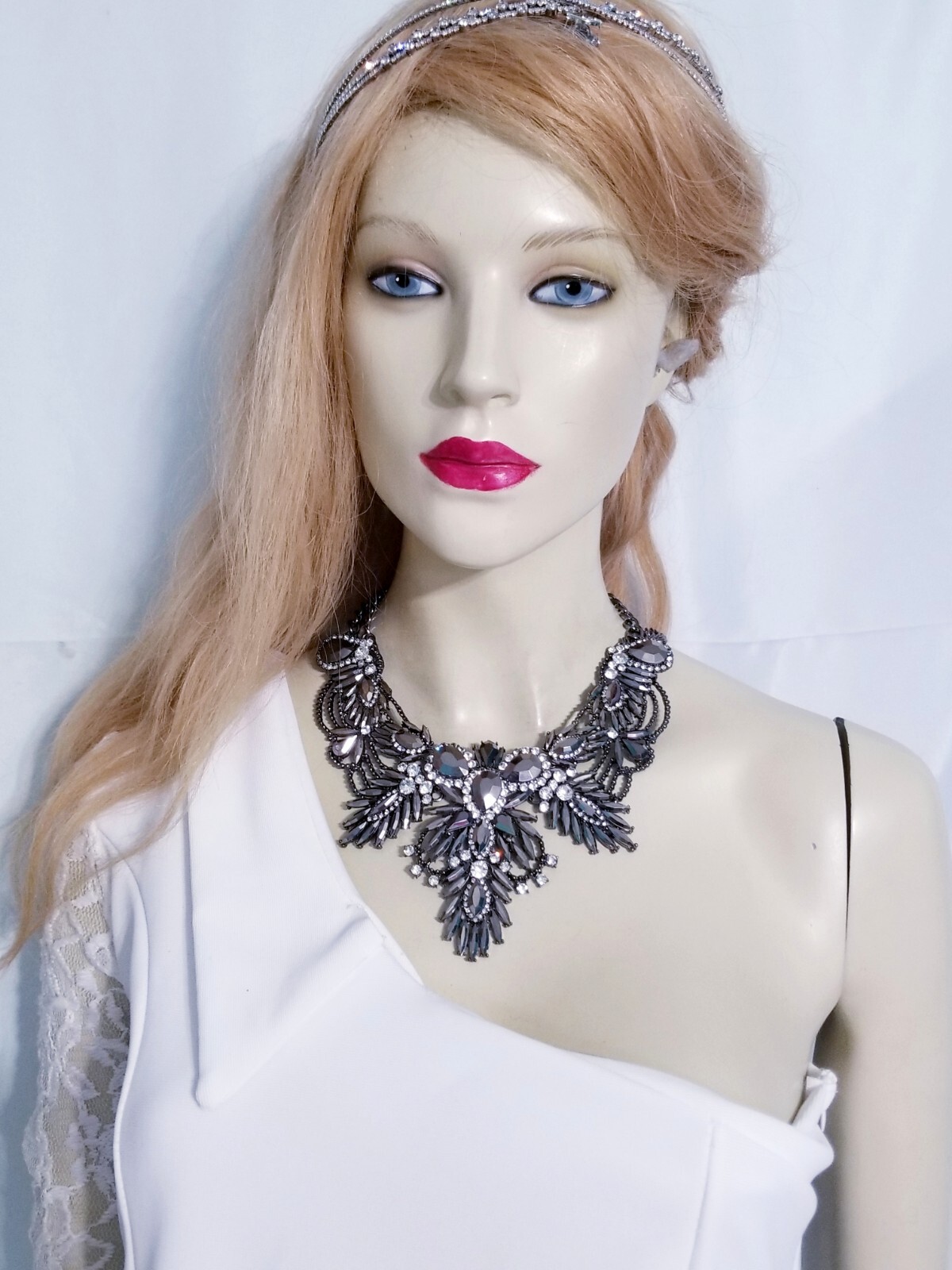 Gray Statement Choker Rhinestone Necklace Bridal Prom Pageant Gothic