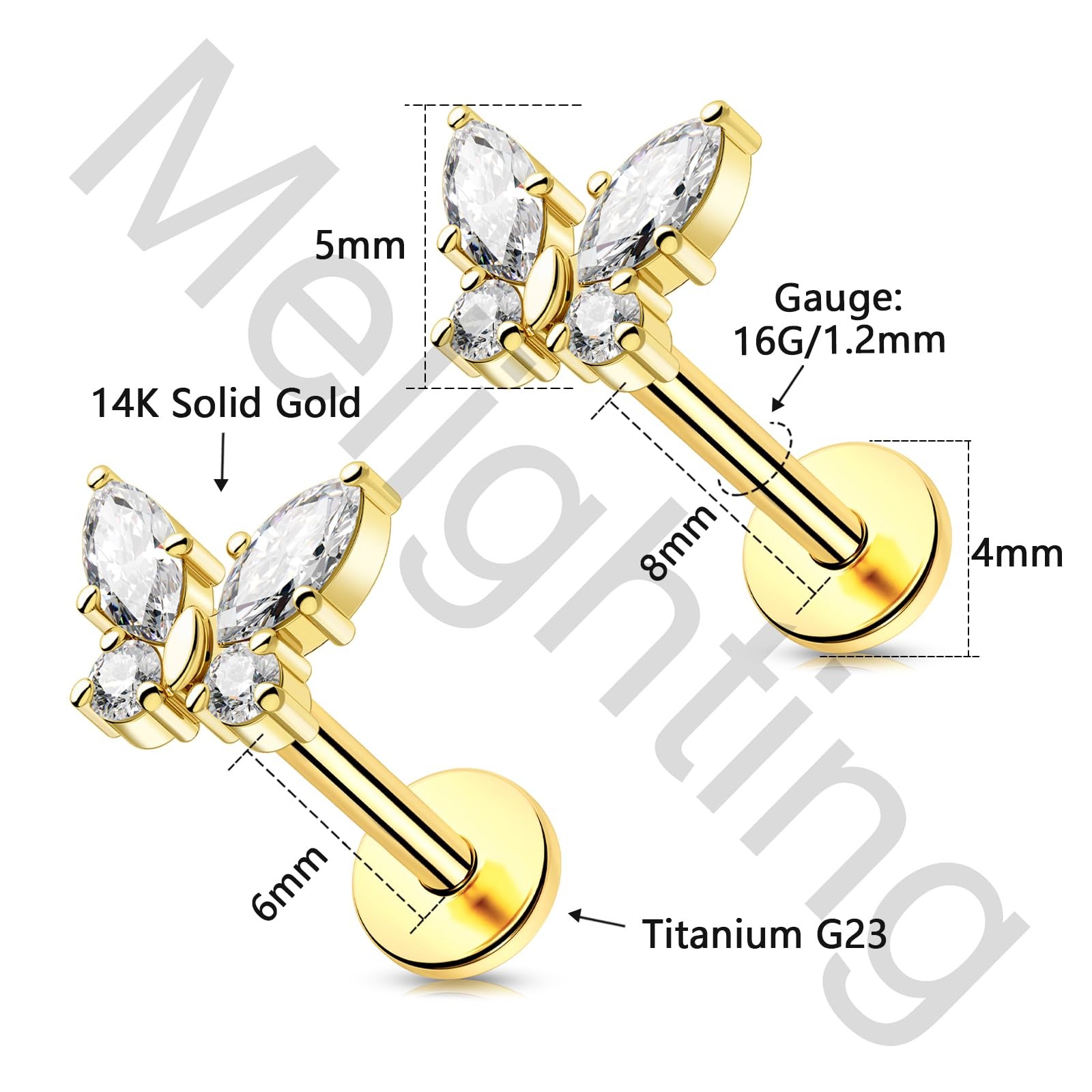 14K Solid Gold Butterfly Cartilage Earring – Titanium Threadless Push In Earr…