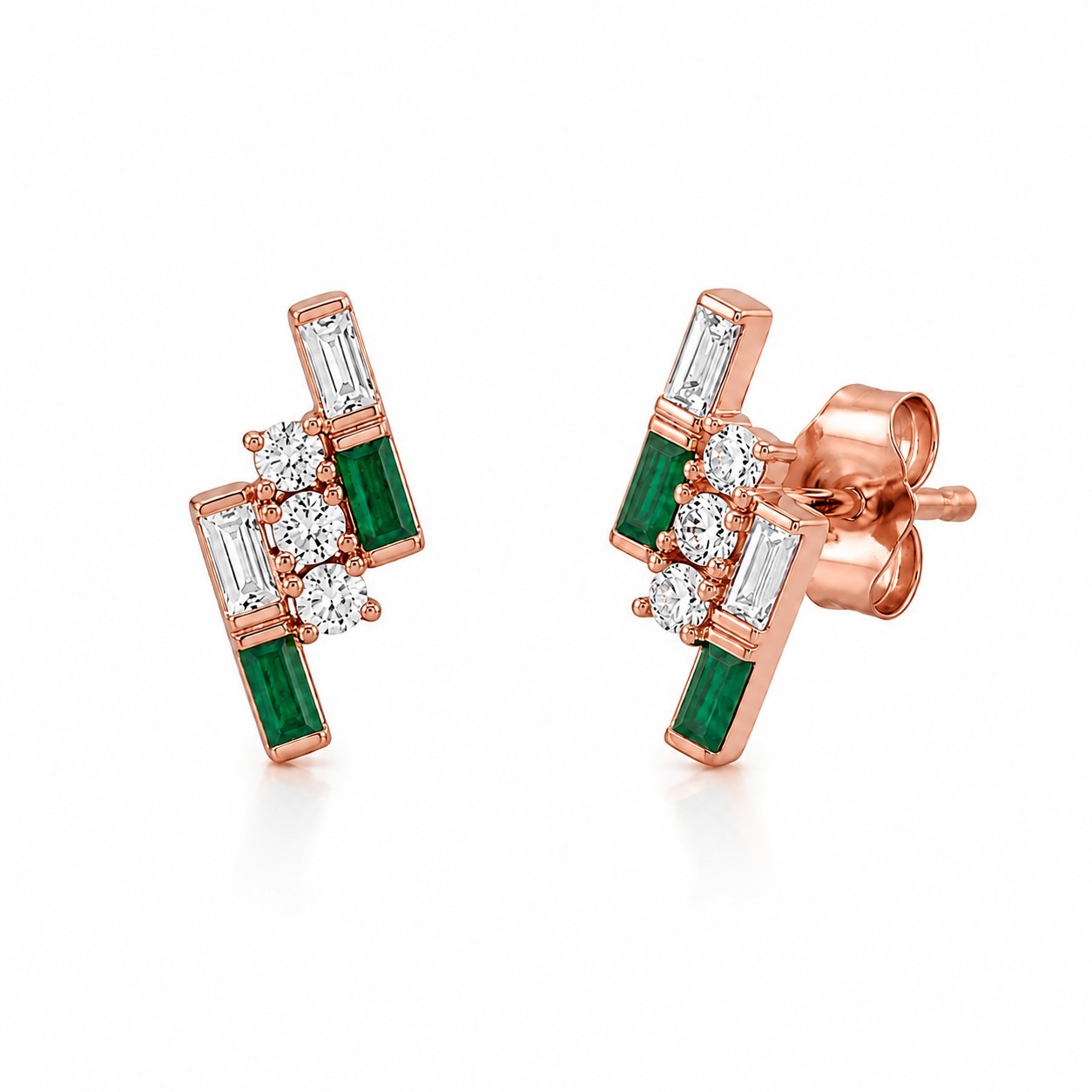 Baguette Emerald &Diamond Half Bezel Stud Earrings Solid 14K Yellow Gold Jewelry