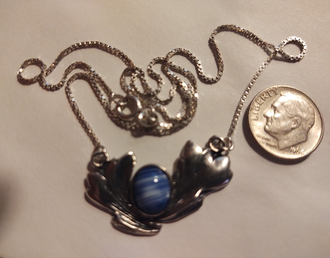 925 Sterling Silver Necklace Stunning -With a Rainbow Stone–16″ long ((139))