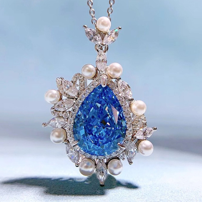 9ct Pear Lab Grown Blue Diamond & Natural Pearl Necklace, 18K Gold Vermeil