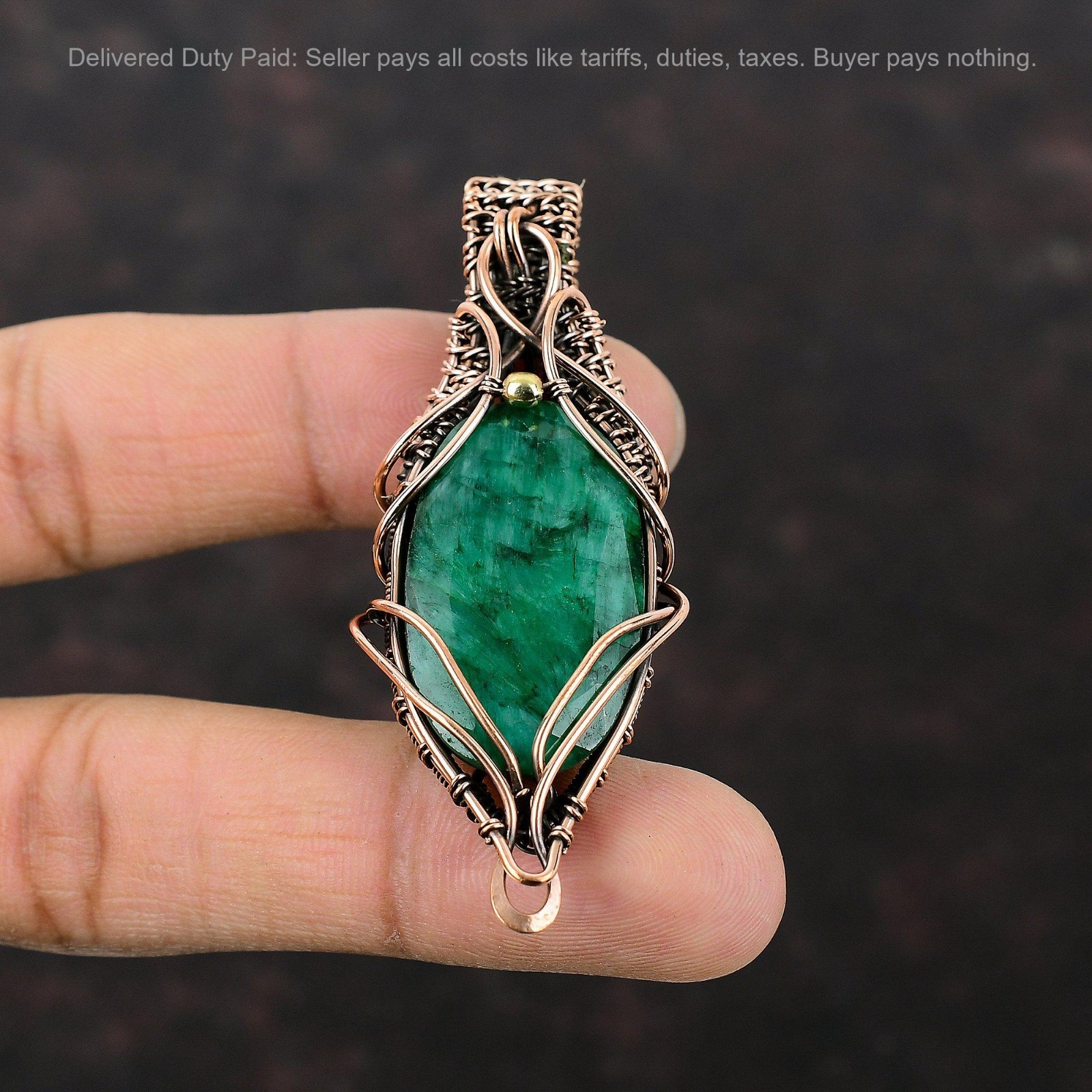 Faceted Zambian Emrald Stone Wife Wire Wrapped Birthday Pendant Jewelry Copper