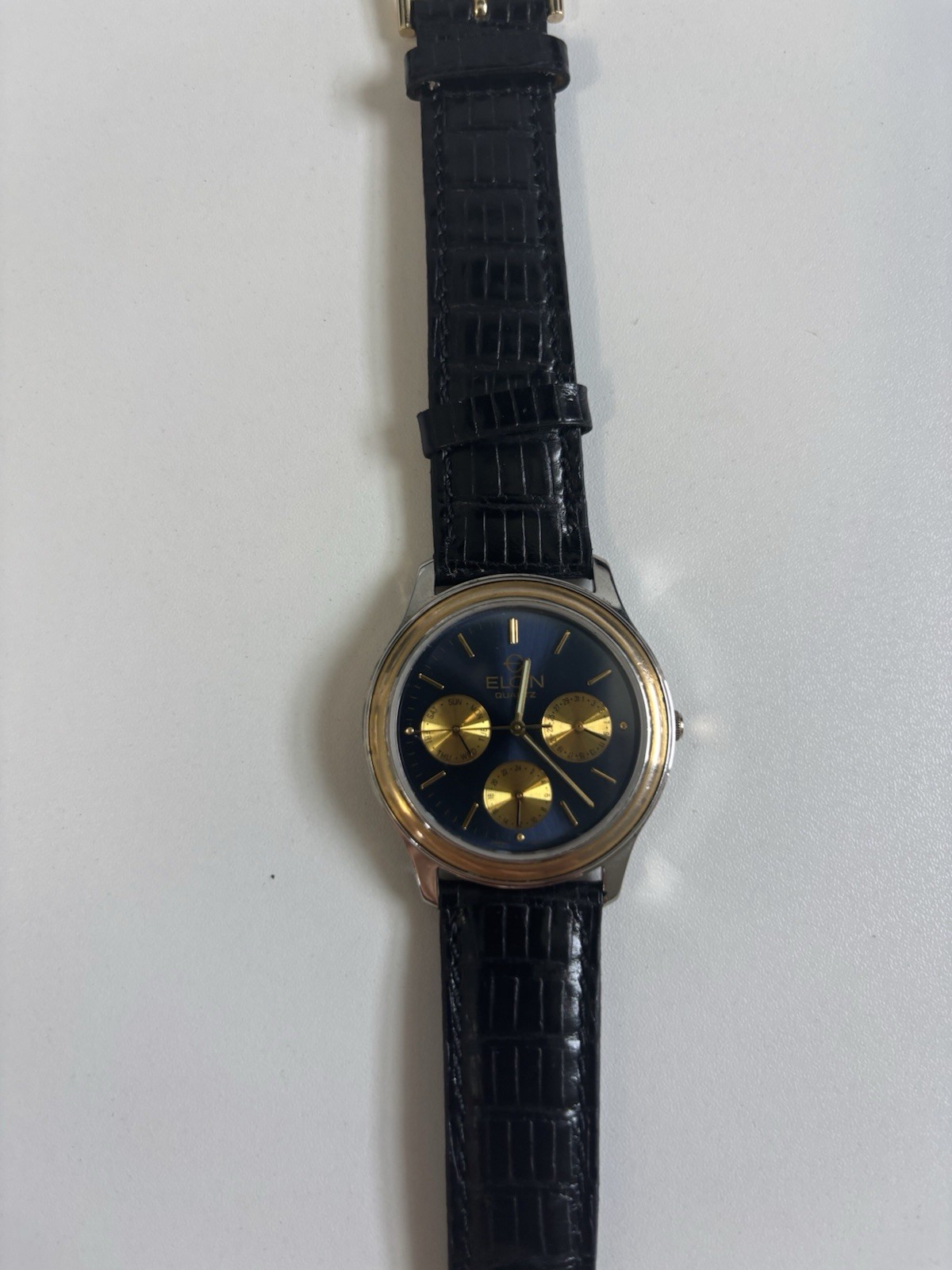 Vintage Elgin Quartz Watch Blue/Gold Dial Silver & Gold Case Black Leather Band