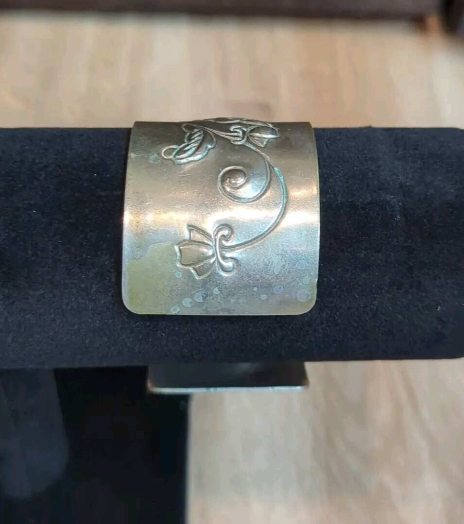Vtg Engraved Nickel Silver Floral Cuff Bracelet Adjustable