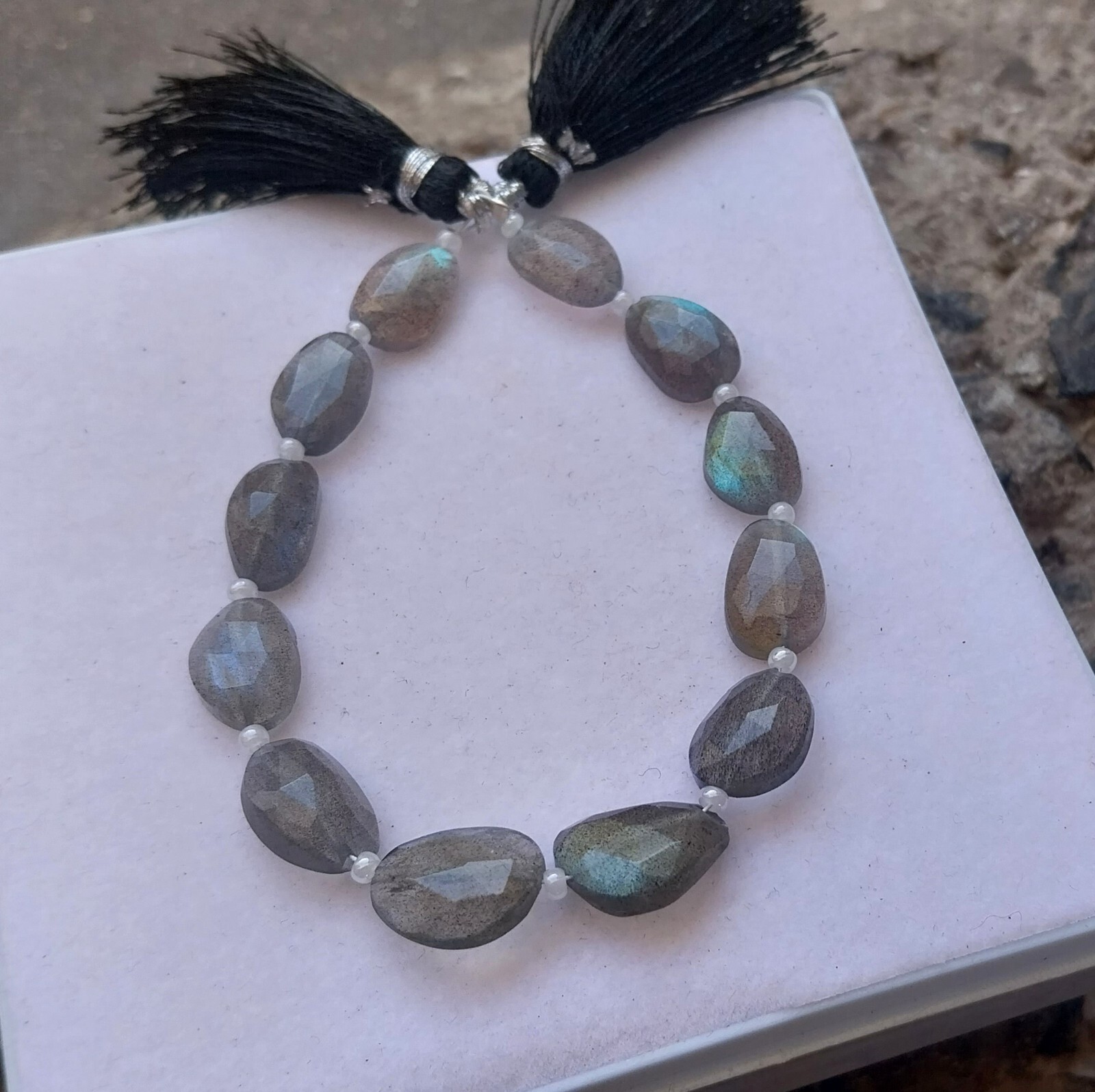 39 Carat Natural Black Color Labradorite Rose Cut 6.5 inch Beads Gemstone