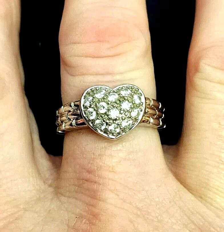 Vintage Art Deco Style Sterling Silver Heart C Z Ring Weaved Pattern Band Size 8