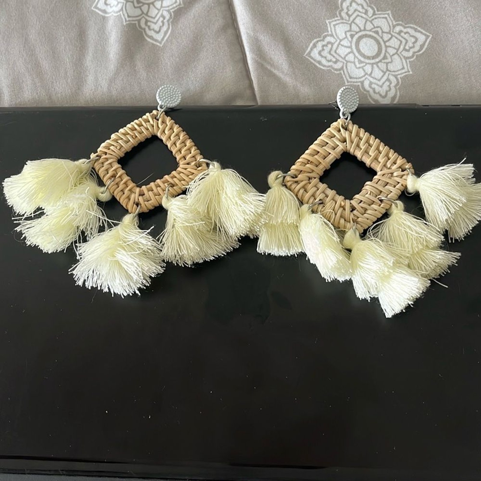 Square Tassel Dangle Earrings w/ White Stud