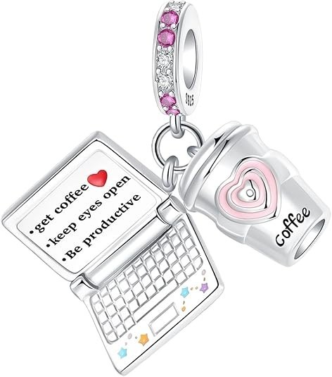 Coffee Cup Computer Charm 925 Sterling Silver Charms Fits Womens Bead Bracel…