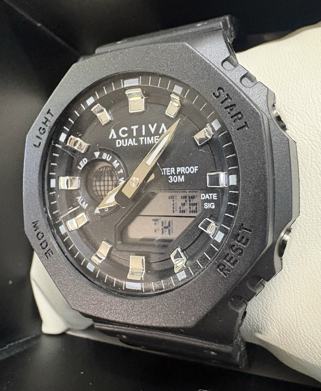 Activa Dual Time Analog-Digital Quartz Watch 30m Black Resin Strap Date Box