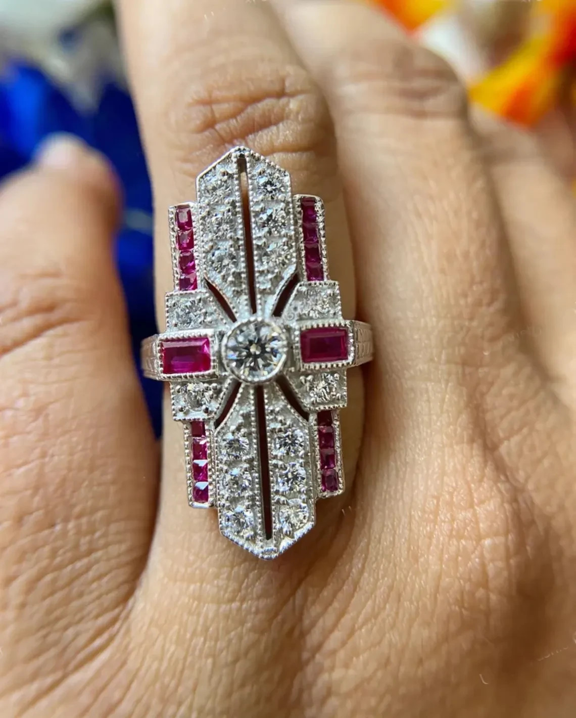 Vintage Moissanite & Ruby Milgrain Statement Cocktail Ring 935 Argentium Silver