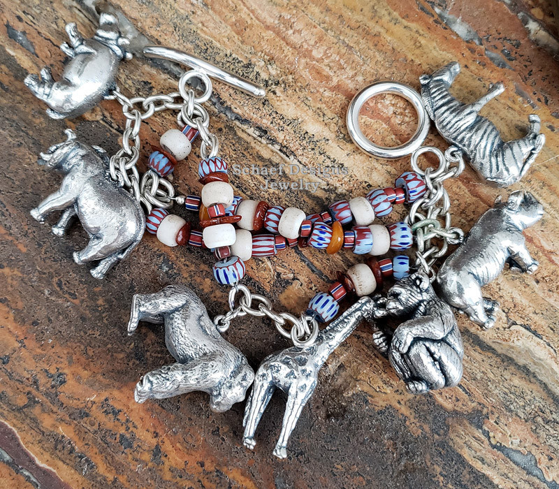 Susan Cummings African Animal & Bead Charm Bracelet Vintage