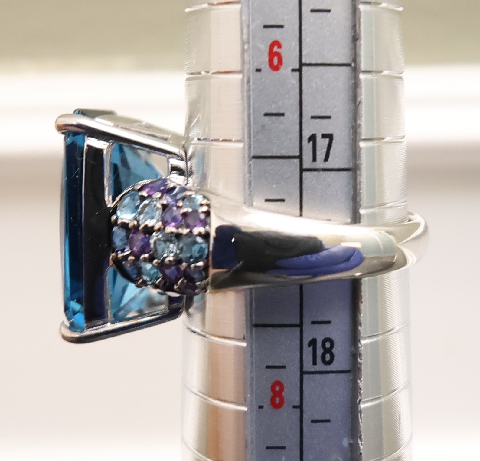 London blue topaz ring emerald cut amethyst accents sterling silver 925 QVC Sz 7