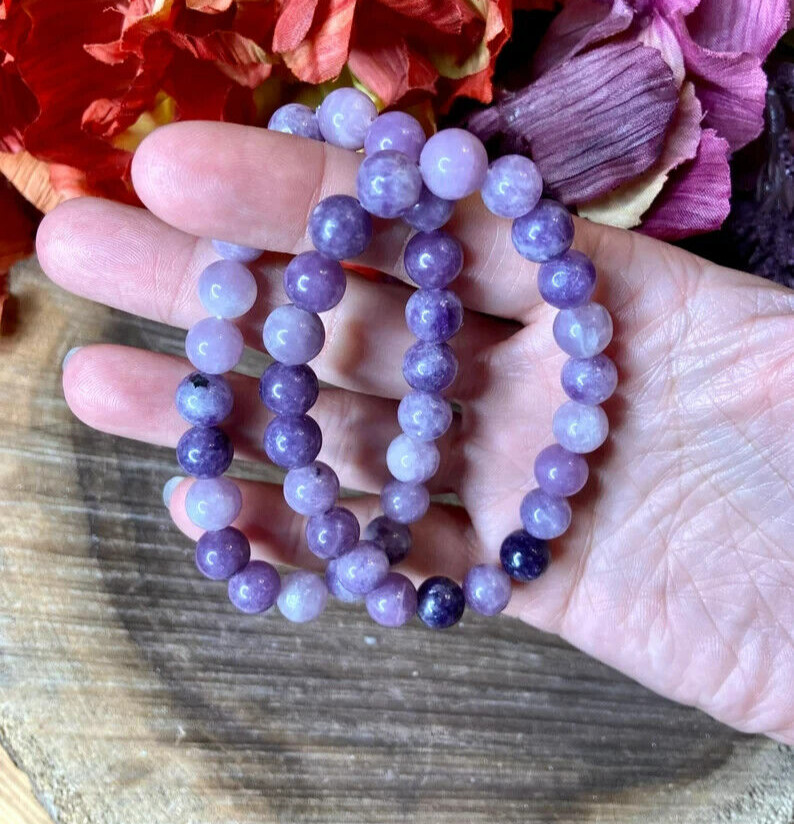 Natural Lepidolite 8MM Beaded Purple Mica Crystal Healing Reiki Stretch Bracelet