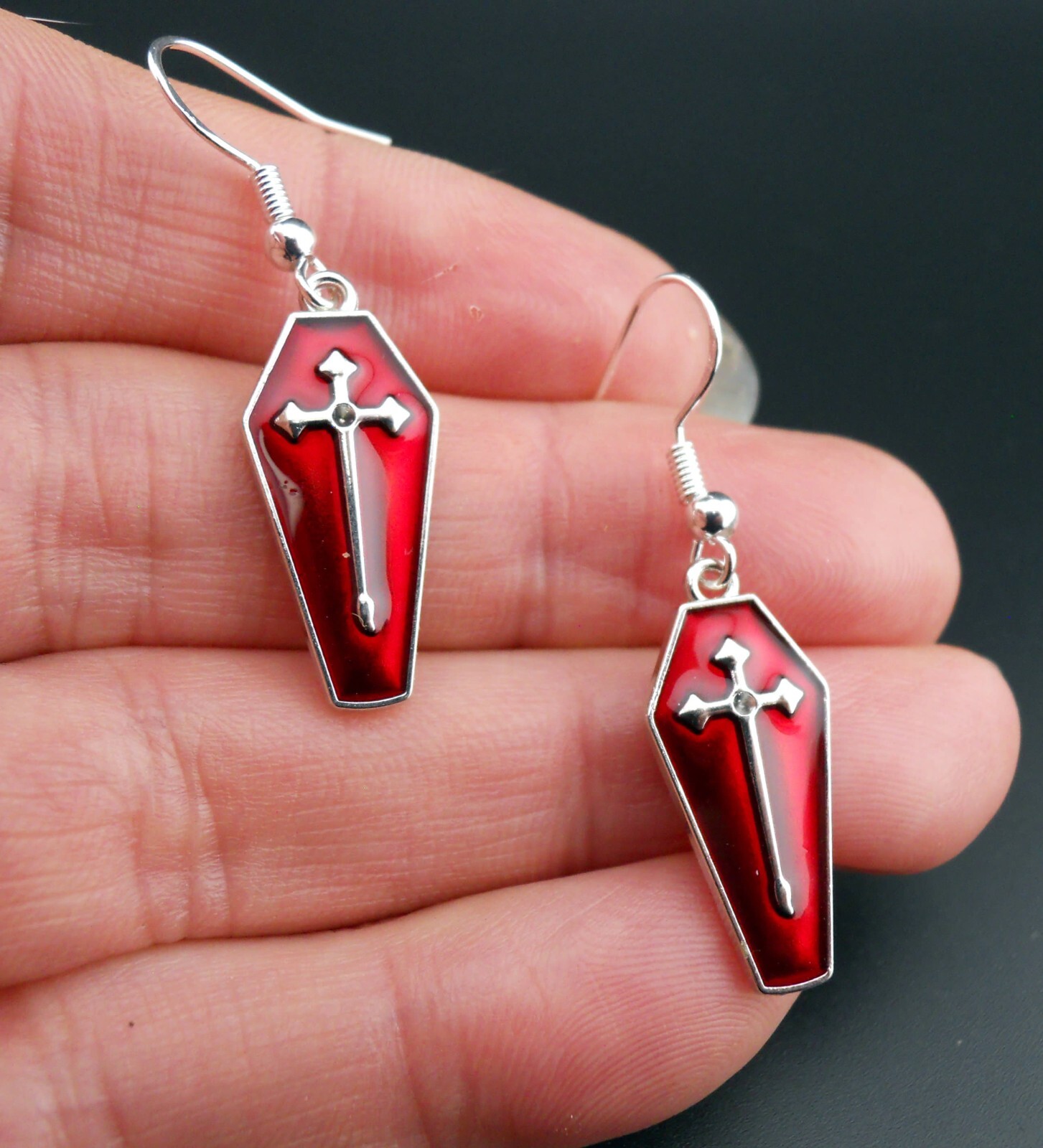 Coffin Earrings Sterling Silver Ear Wires Red Enamel Cross Casket Earrings New!