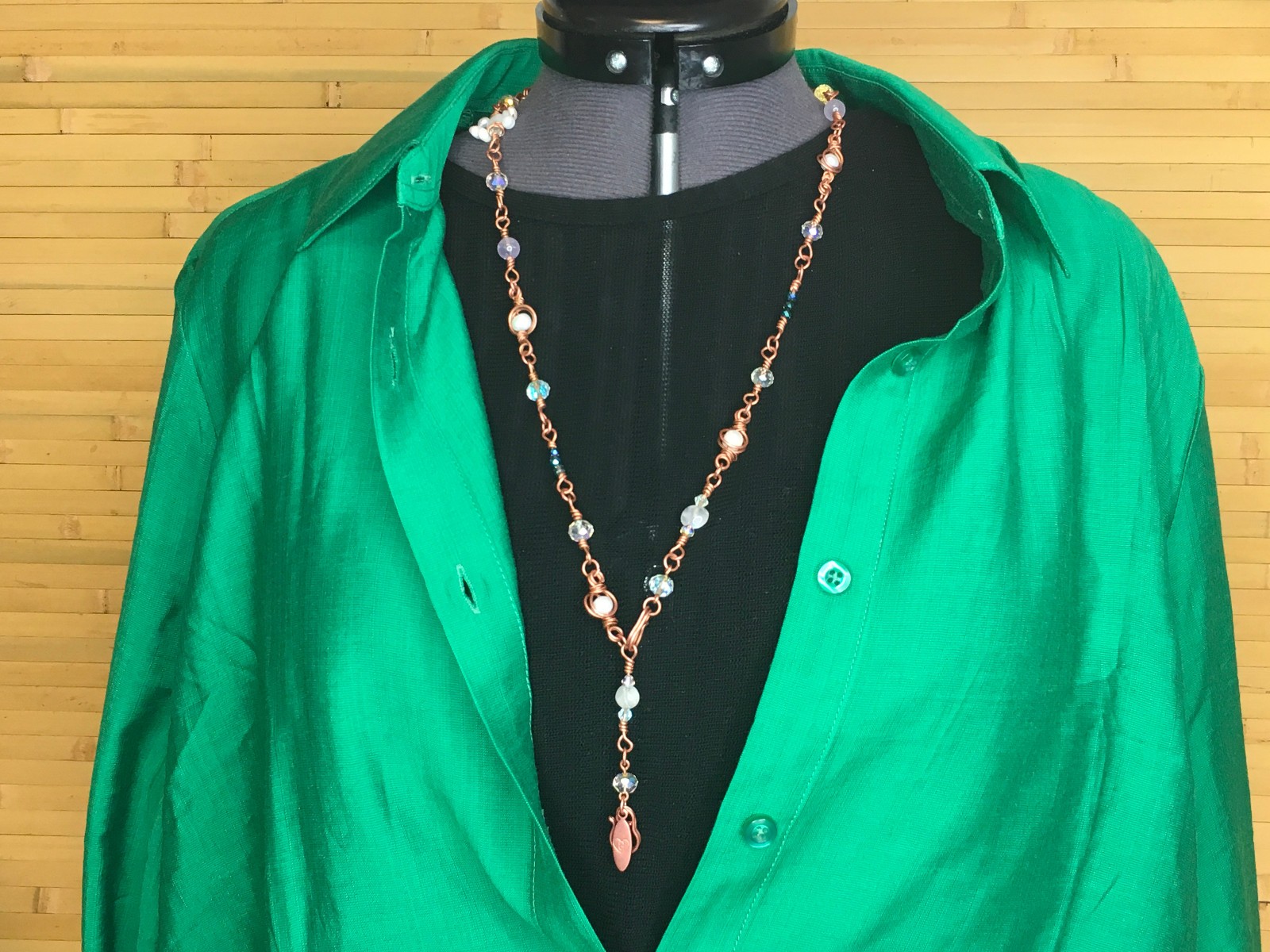 Artisan Long Necklace Pearls Moonstone Amethyst Beads, 4 Hook Wire Wrap Handmade