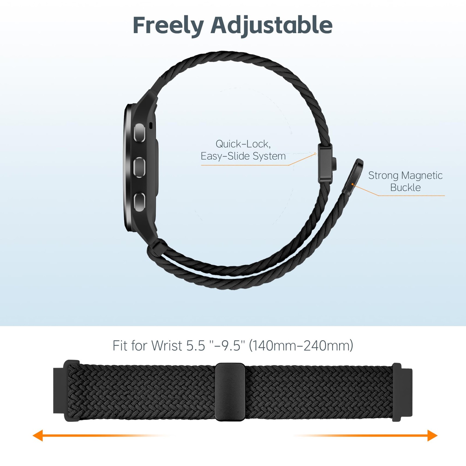 IDW25 Smart Watch Bands, 22mm Braided Elastic Bands 5.85-9.5 inches, Black