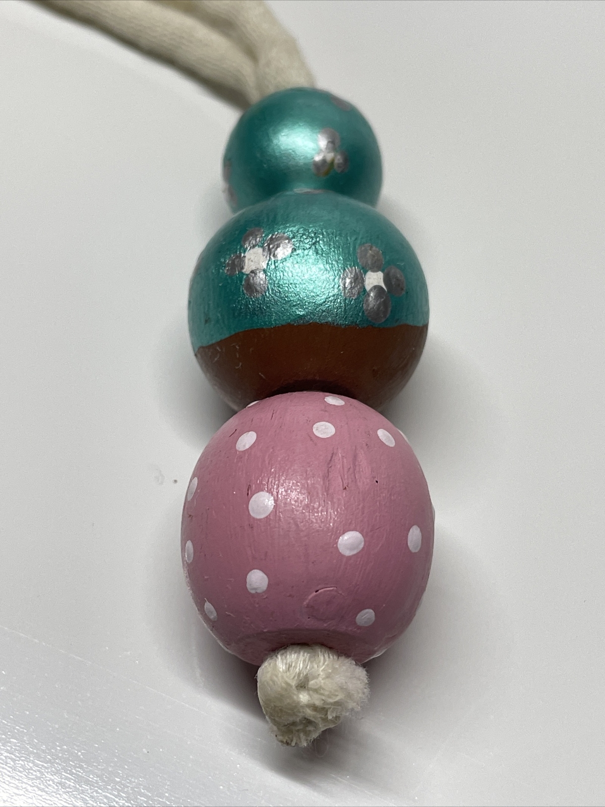 Vintage wooden handmade doll necklace hand painted Beads Pink Aqua Blue