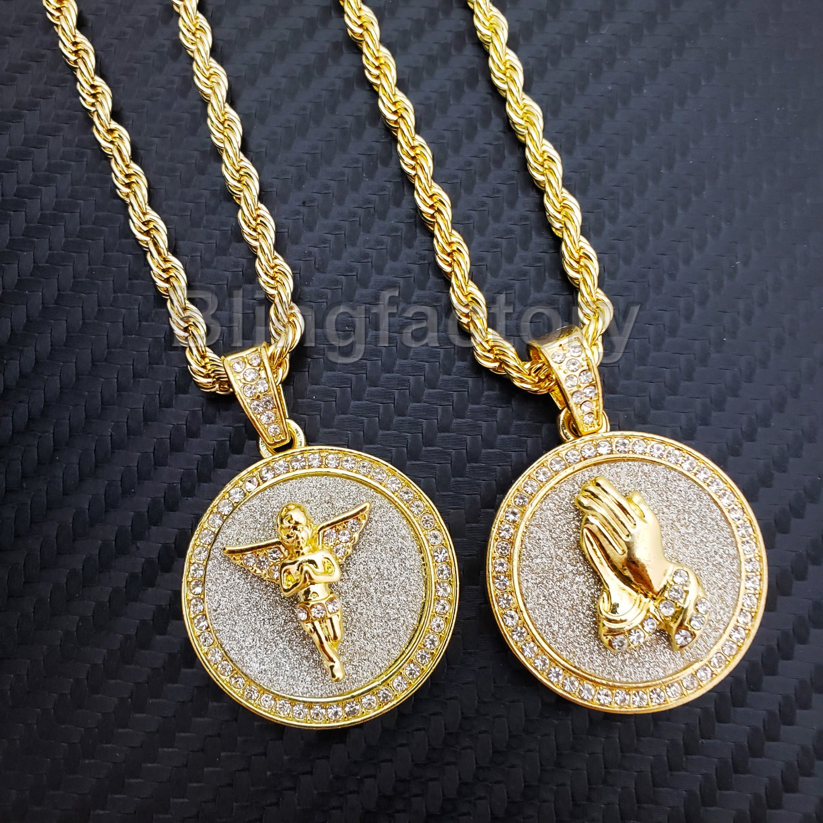 Gold plated Alloy Cubic Zirconia Baby Angel & Praying Hands & 24″ Chain Necklace