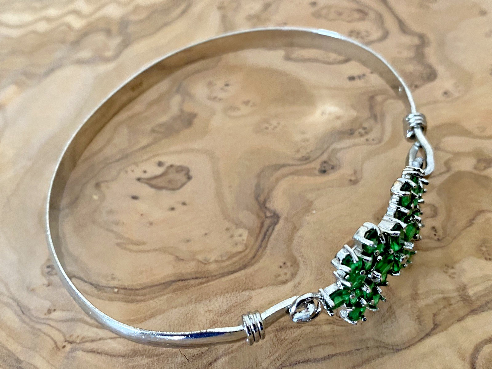 Green Emerald Glass Floral Bangle Bracelet, 925 Sterling Silver, 2.8 in W