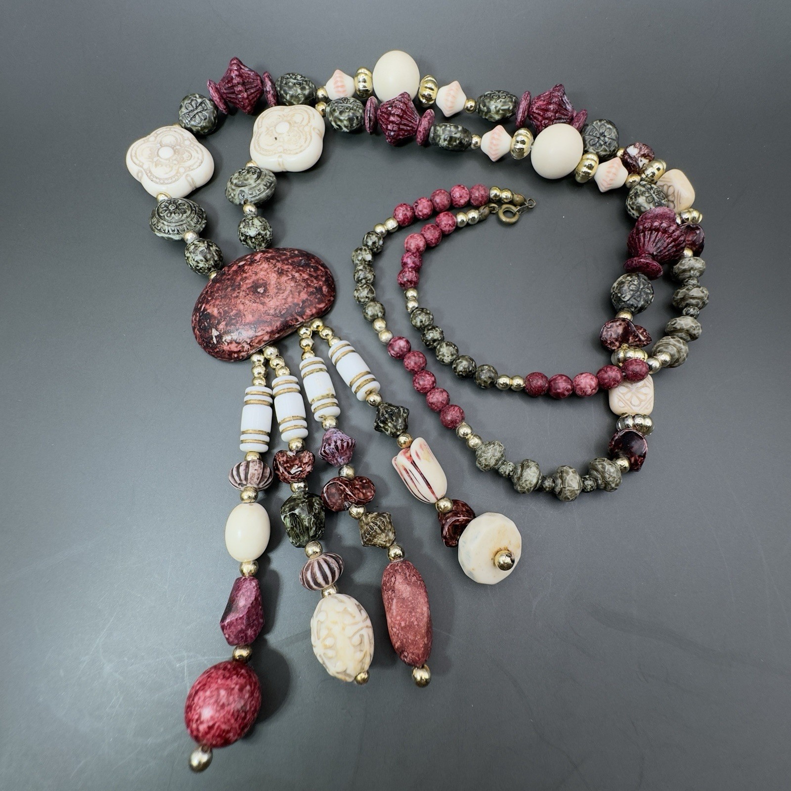 Vintage Artisan Mixed Bead Necklace Russia Market 32in With 4in Tassel Drop