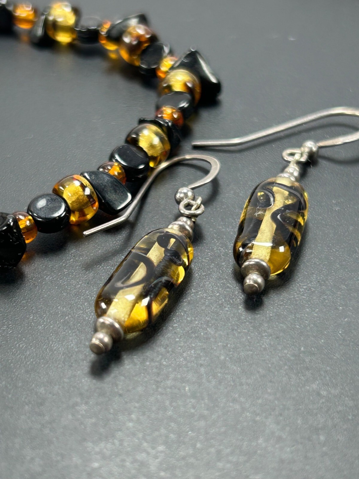 925 Glass Beaded Necklace Earrings Set Swirled Orange Amber Brown Black White