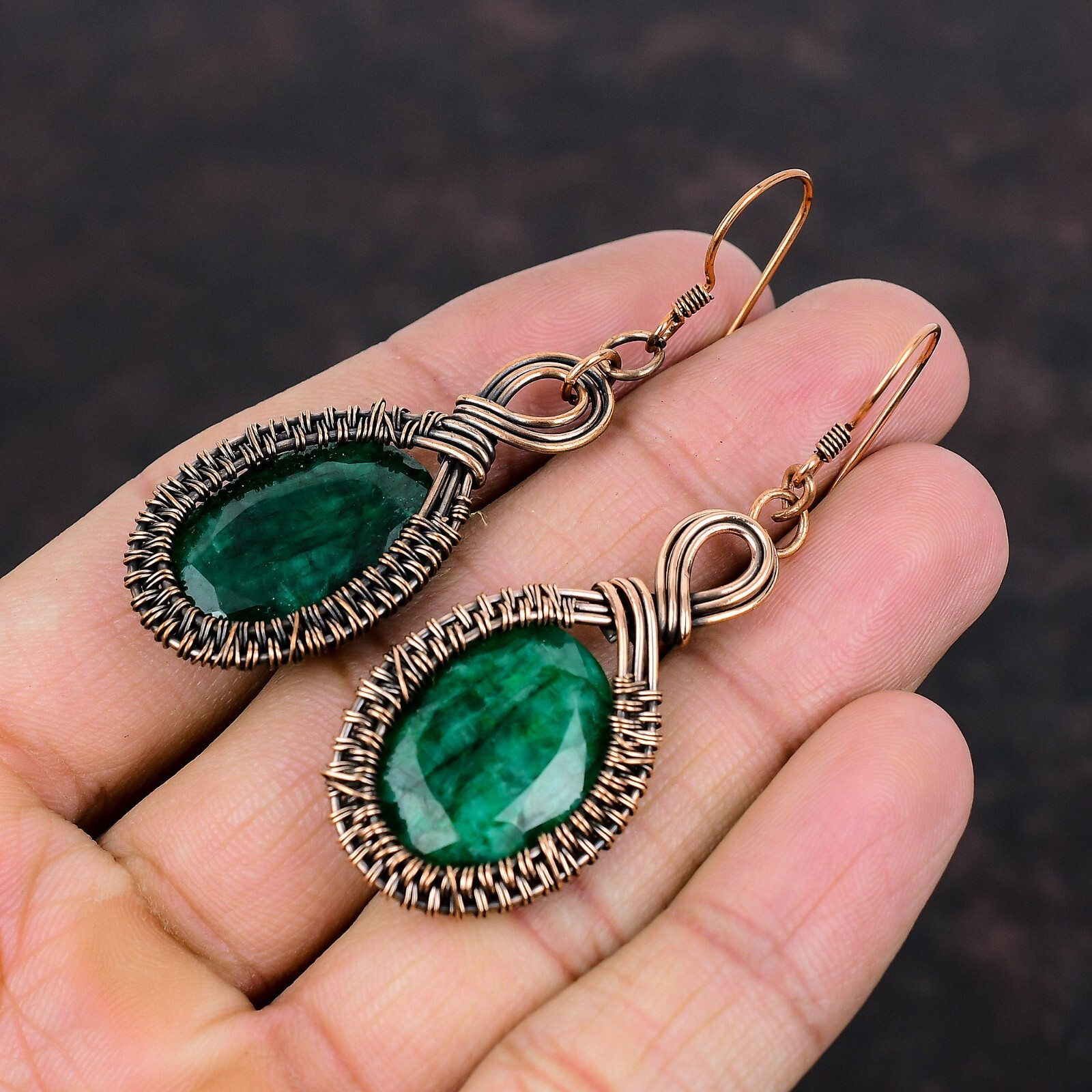 Faceted Zambian Emrald Copper Jewelry Wire Wrapped Drop/Dangle Earrings 2.56″