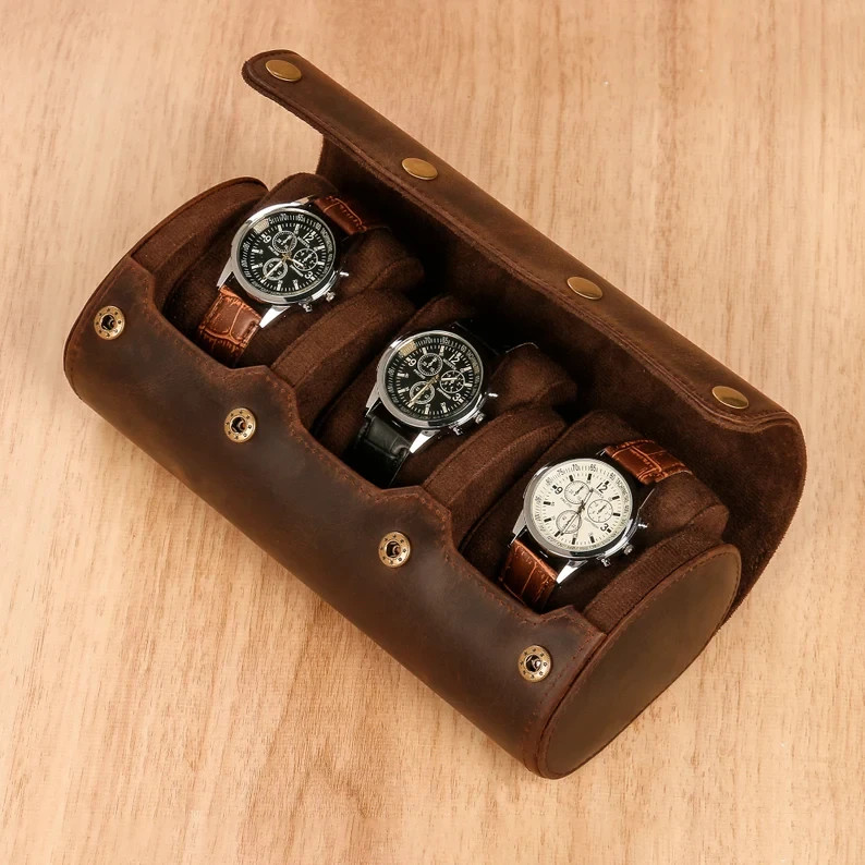 Personalized Leather Watch Case for 3 Watches, Handmade Travel Watch roll,