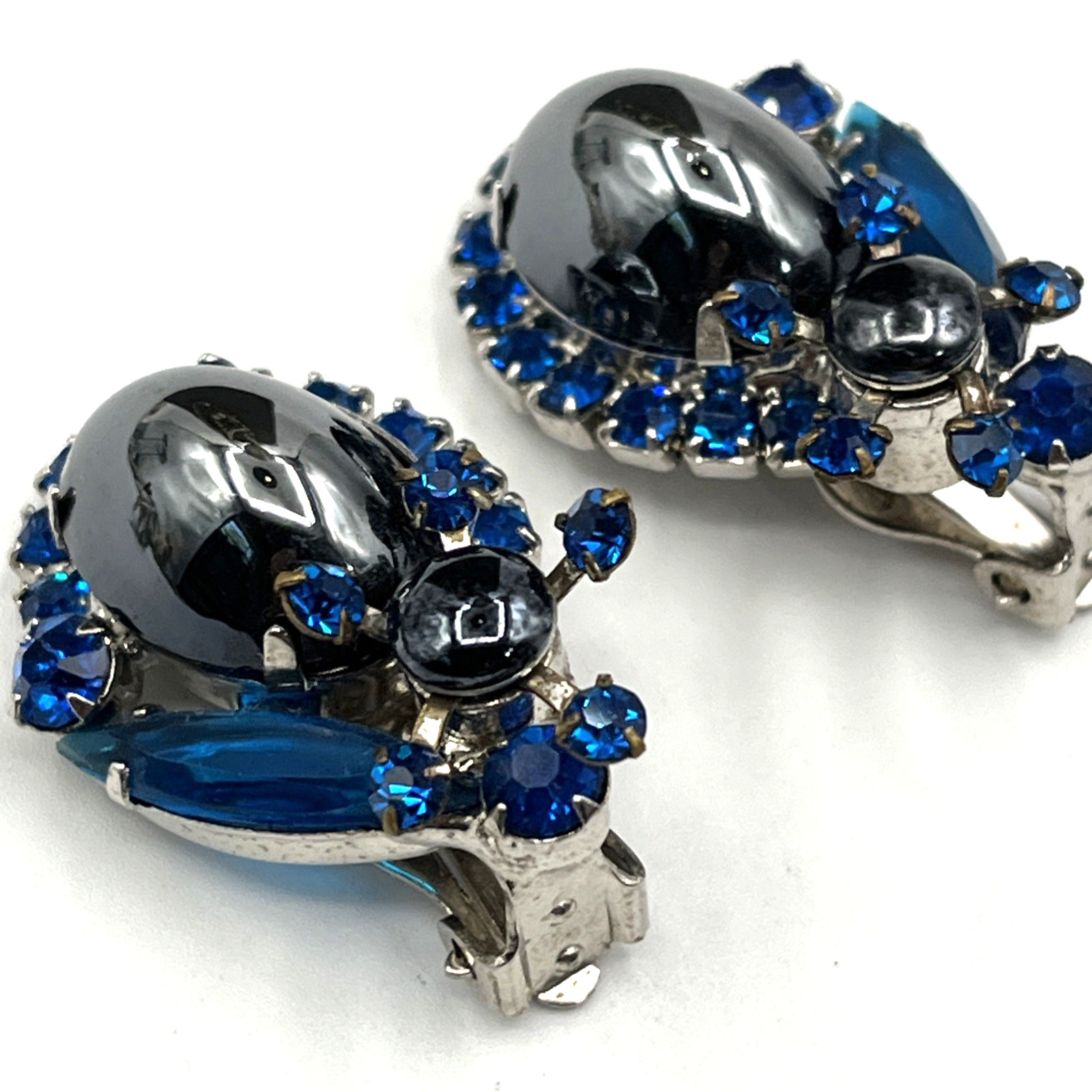 Juliana Earrings Hematite Glass Cabochon AB Earrings 1.25″ Silver Tone