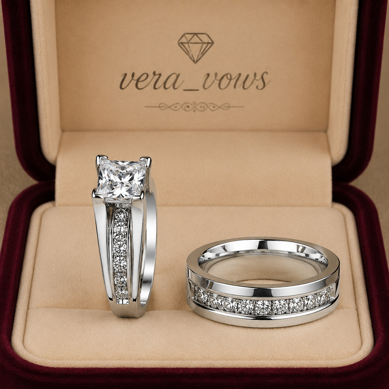 Attractive Moissanite Princess Pass Test 14K White Gold Plated Couple Ring Set