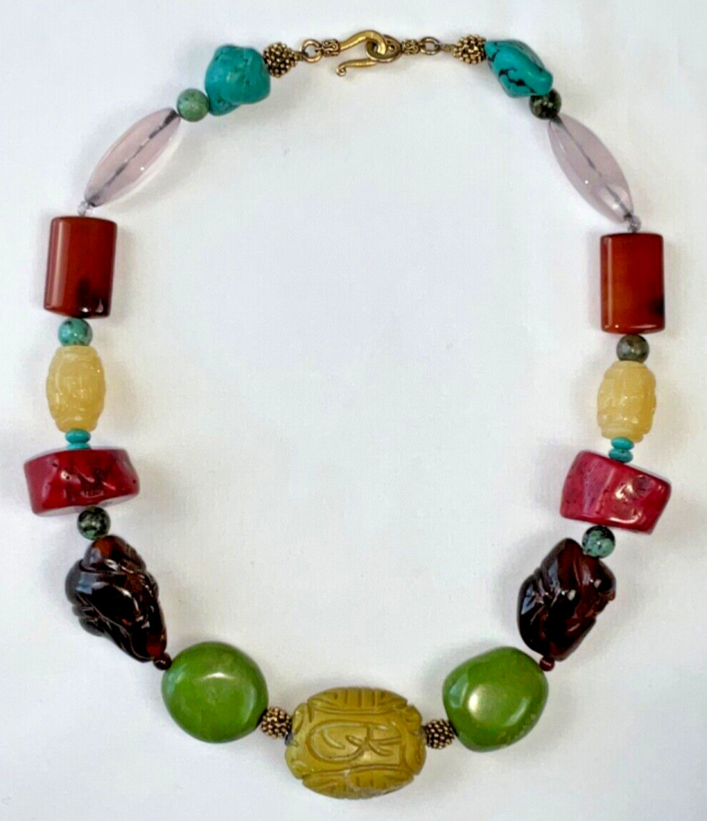 Beautiful Buddha Carved Bead Artisan STATEMENT NECKLACE Coral Turquoise Amber