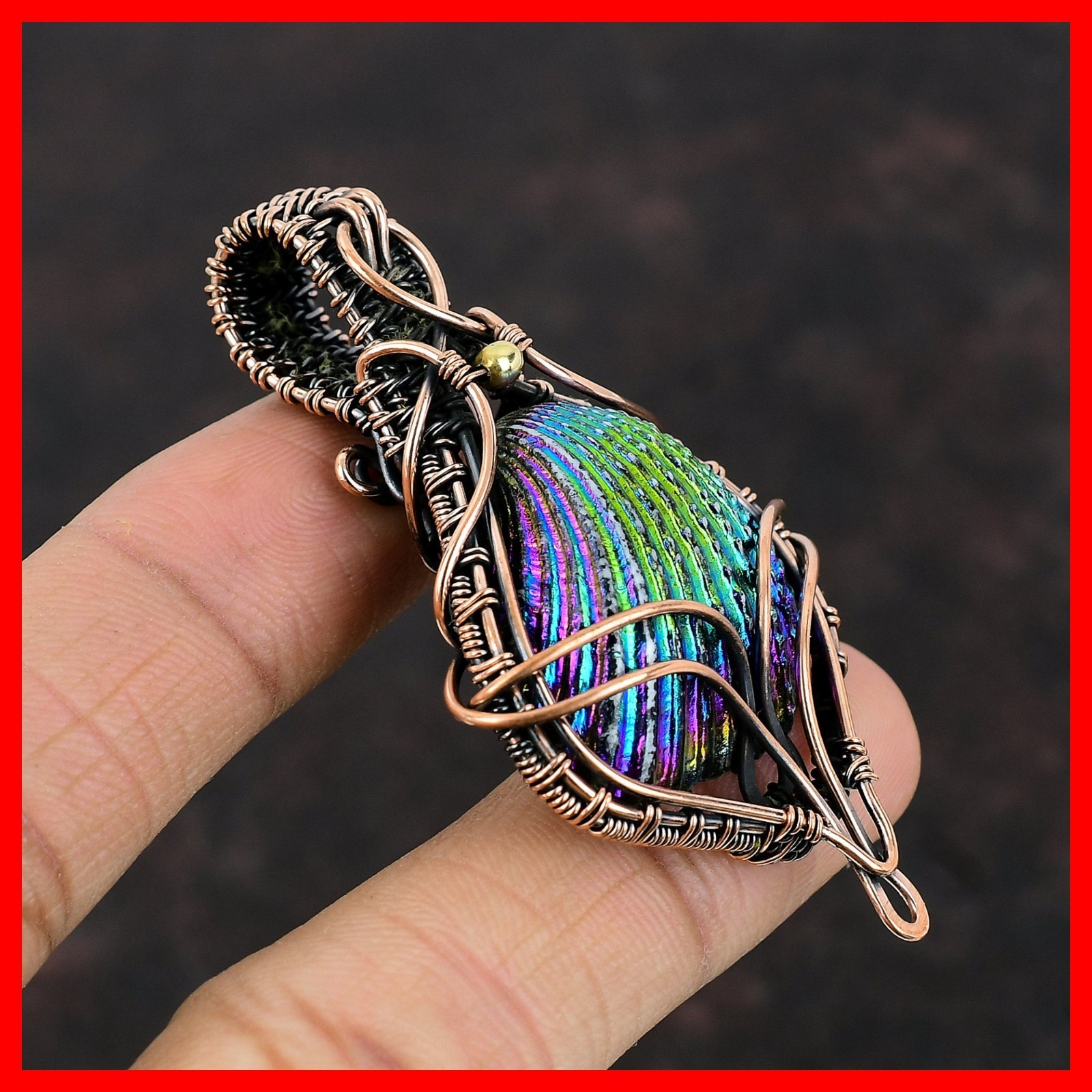 Copper Trillion Titanium Coated Shell Stone Mother Wire Wrapped Pendant Jewelry