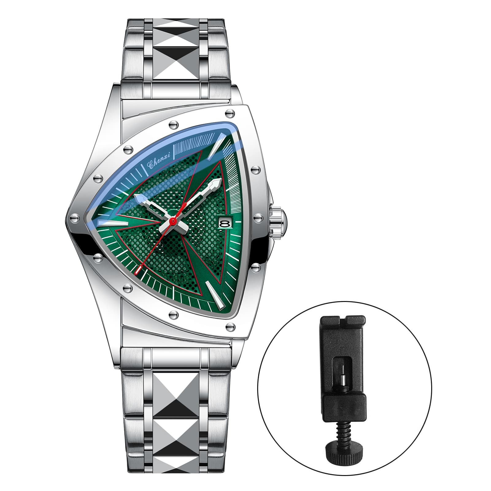 Mens Triabgle Stainless Steel Date Luminous Waterproof Wrist Watch Business Gift