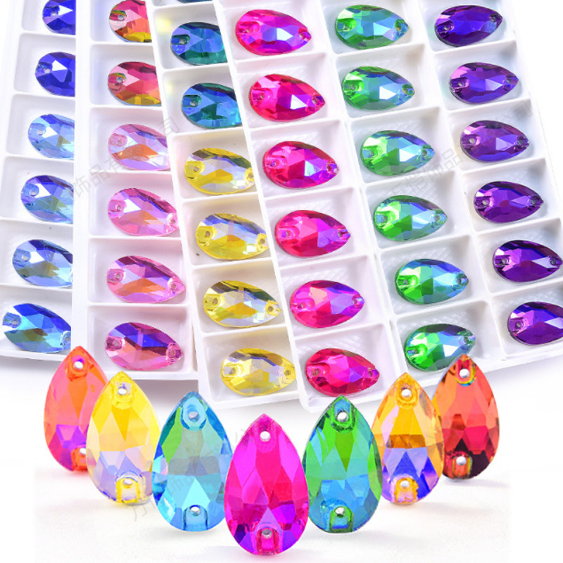 Teardrop Colour AB Glass Rhinestone Sew On Crystal Jewels Flatback Beads