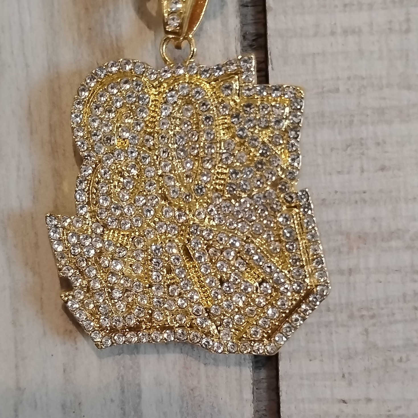 Gold Tone Cuban Link Chain Necklace Pavé Rhinestone Letter Charm, Hip Hop