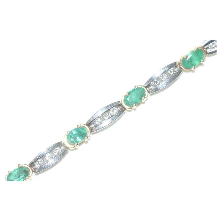 14K Yellow Gold Channel Set Diamond Natural Oval Cut Emerald Bracelet