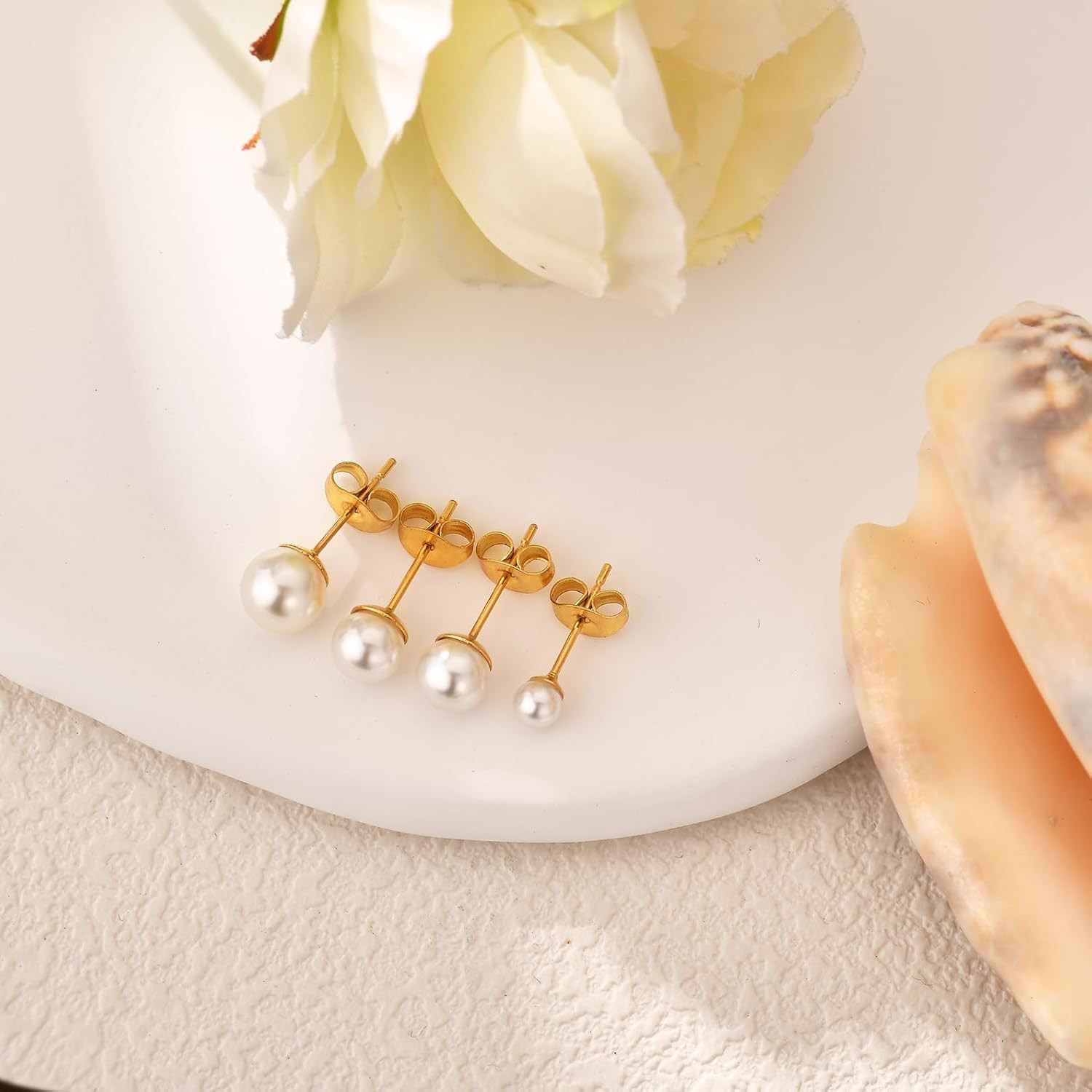 JINERA 5 Pairs Stud Earrings for Women 14K Plated Gold/Silver Pearl Ball Small S