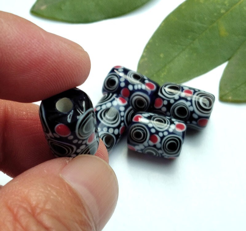 10pcs handmade Lampwork glass beads white circle red dot black cylinder 10*15mm