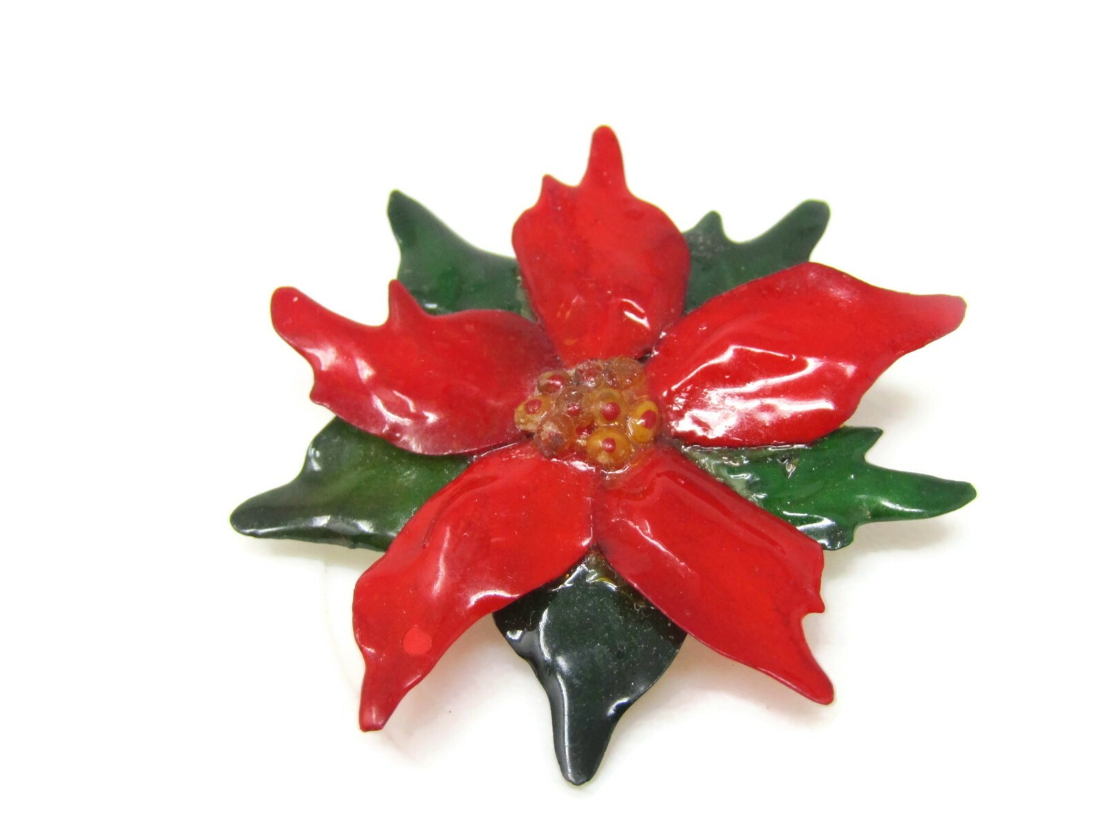 Vintage Red Poinsettia Brooch Pin Green Enamel Christmas Holiday Flower Jewelry