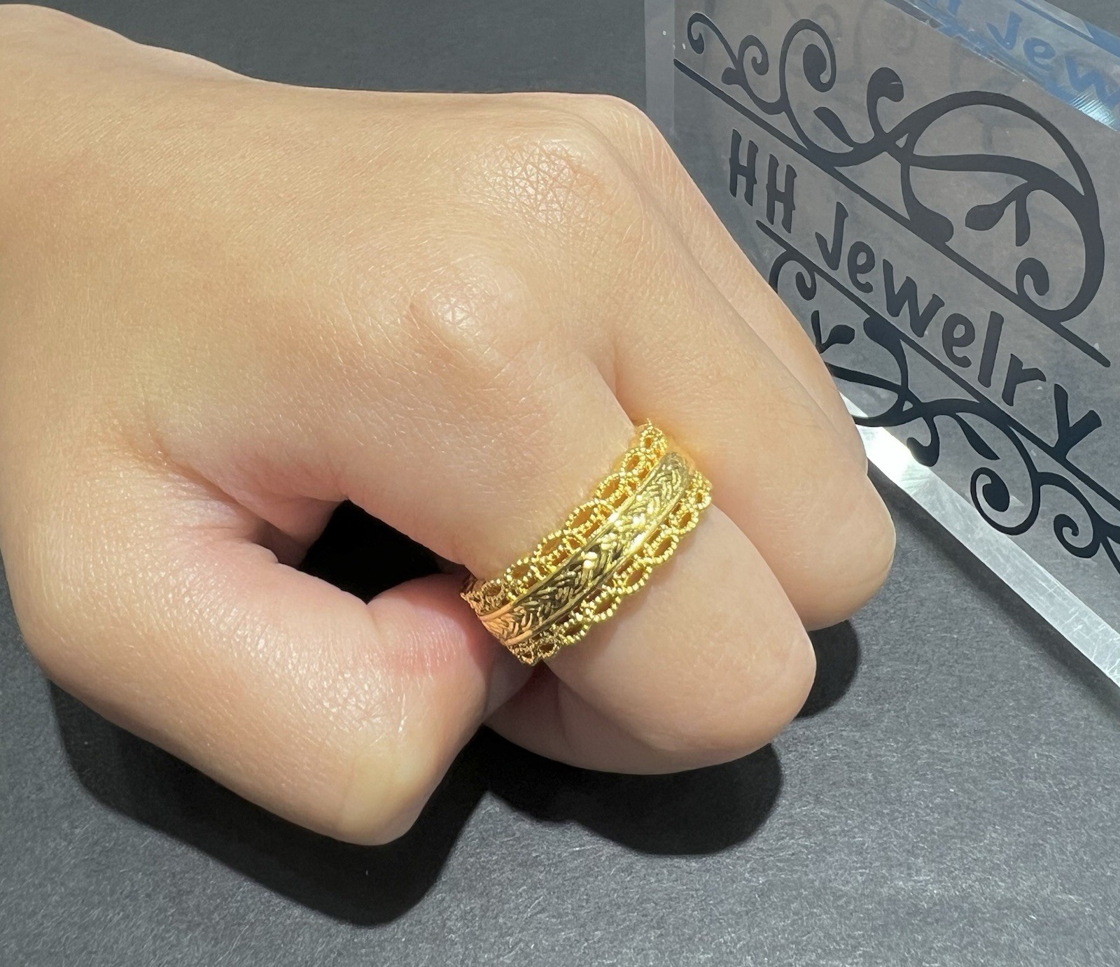 24K Yellow Gold Hollow Wide Diamond Cut Infinity Eternity Ring Band