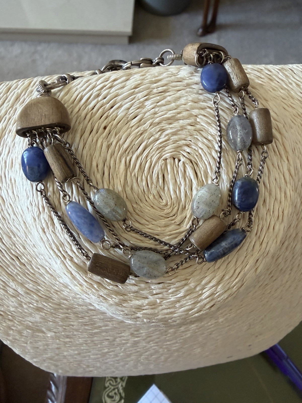 7.5” Multi Chain Bracelet With Various Wooden And Polished Stone Beads