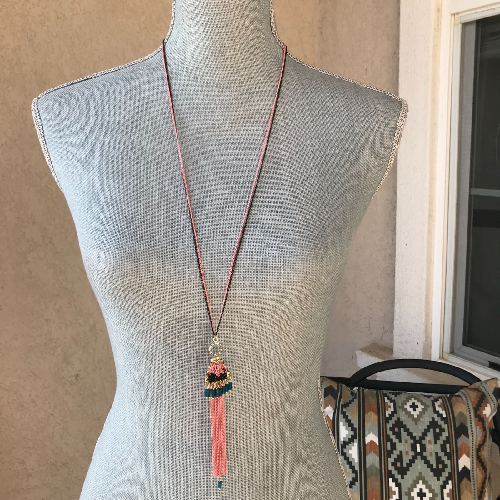NWT Anthropologie Boho Festival Jewelry Pink Long Beaded Chain Tassel Necklace