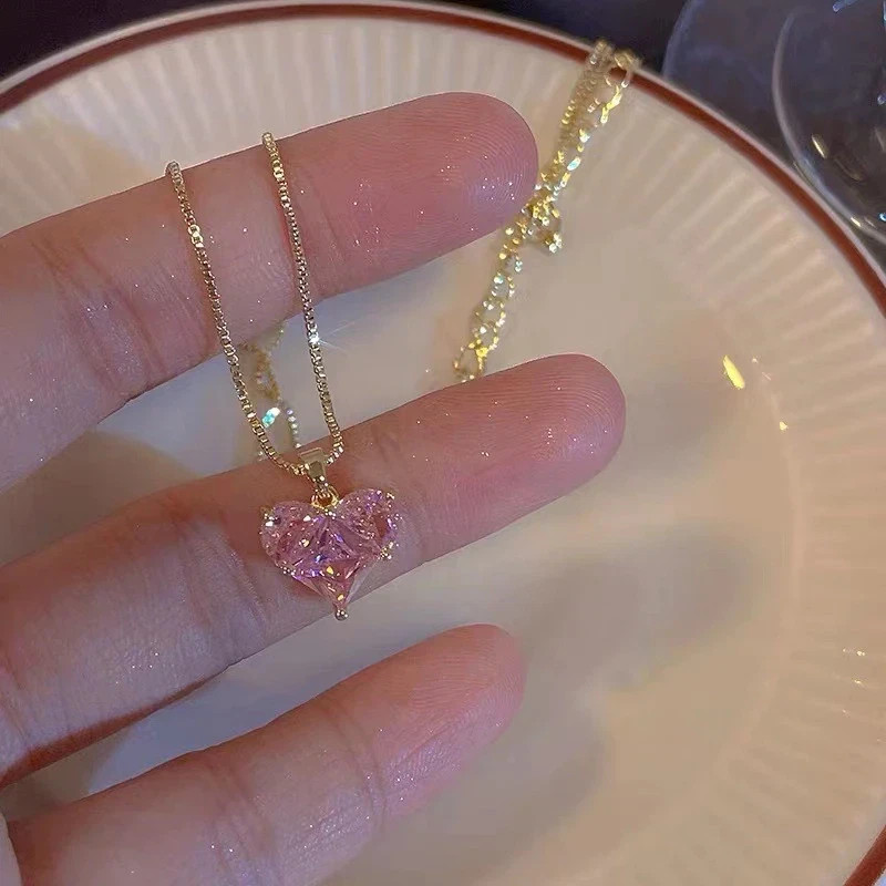 Women’s Fashion Jewelry Gold Pink Rhinestone Heart Pendant Necklace Gift Her USA