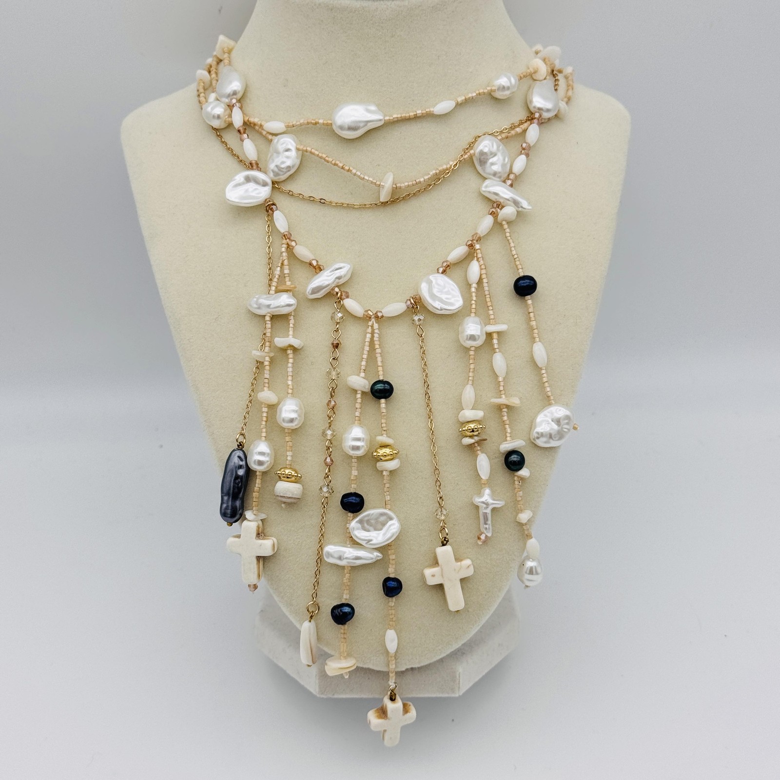 Free People Ariana Ost Something Beautiful Necklace Beaded Layer Cross Statement