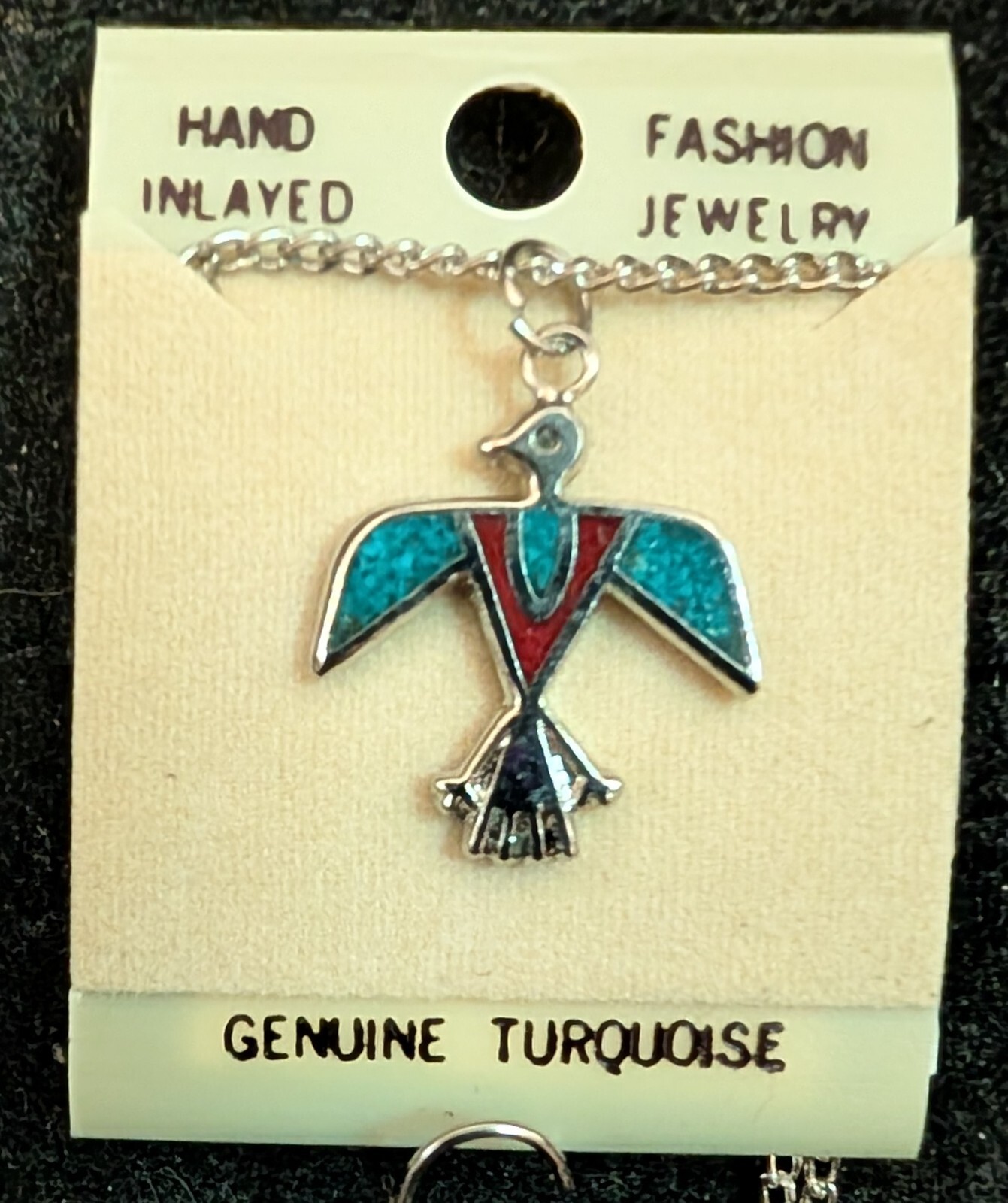 Vintage Nickle Silver Necklace Thunderbird Turq. & Coral Resin Filled Size 1″